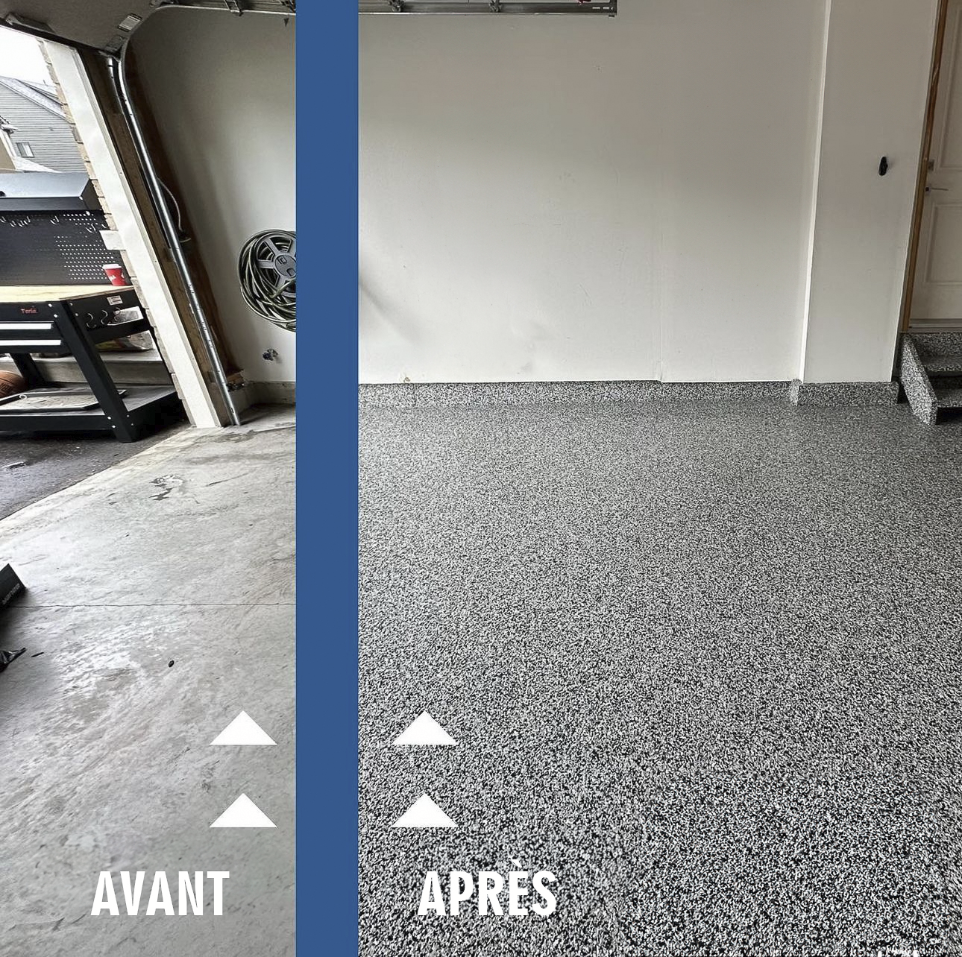 l'avant, après fait une différence avec l'époxy dans un garage Un avant-après qui fait la difféernece avec un plancher en époxy dans un garage